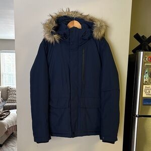 Zara Men's Dark Blue Puffer Jacket with Faux Fur Hood